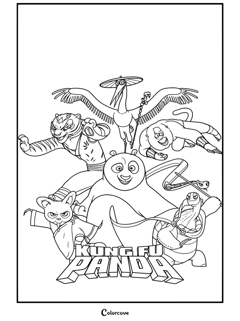 Coloriage Kung Fu Panda avec un portrait de groupe réunissant Po, Maître Shifu, Maître Oogway et les Cinq Cyclones.