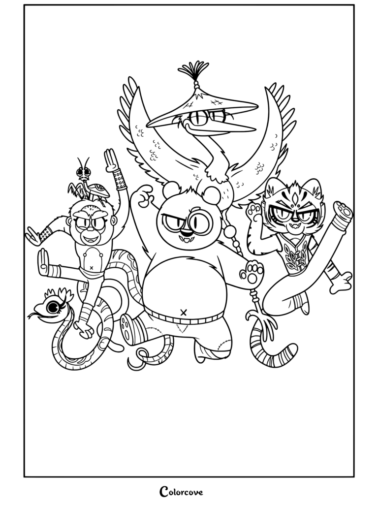 Coloriage Kung Fu Panda présentant Po, Tigresse, Singe, Grue, Vipère et Mante dans des postures d'arts martiaux dynamiques.