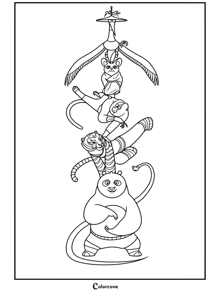 Coloriage Kung Fu Panda montrant les personnages en pyramide acrobatique avec Po à la base, surmonté de Tigresse, Singe, Mante, Vipère, Grue et Shifu.