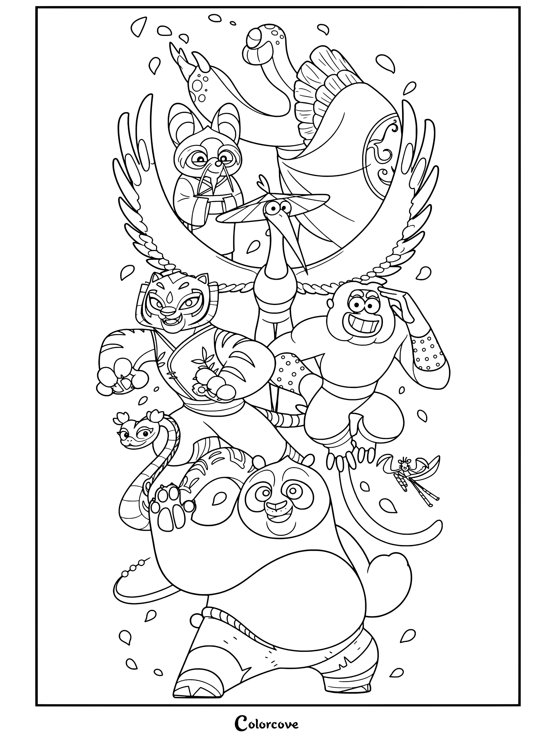 Coloriage Kung Fu Panda mettant en scène les Cinq Cyclones, Maître Shifu, Po et Maître Oogway entourés d'une pluie de pétales.