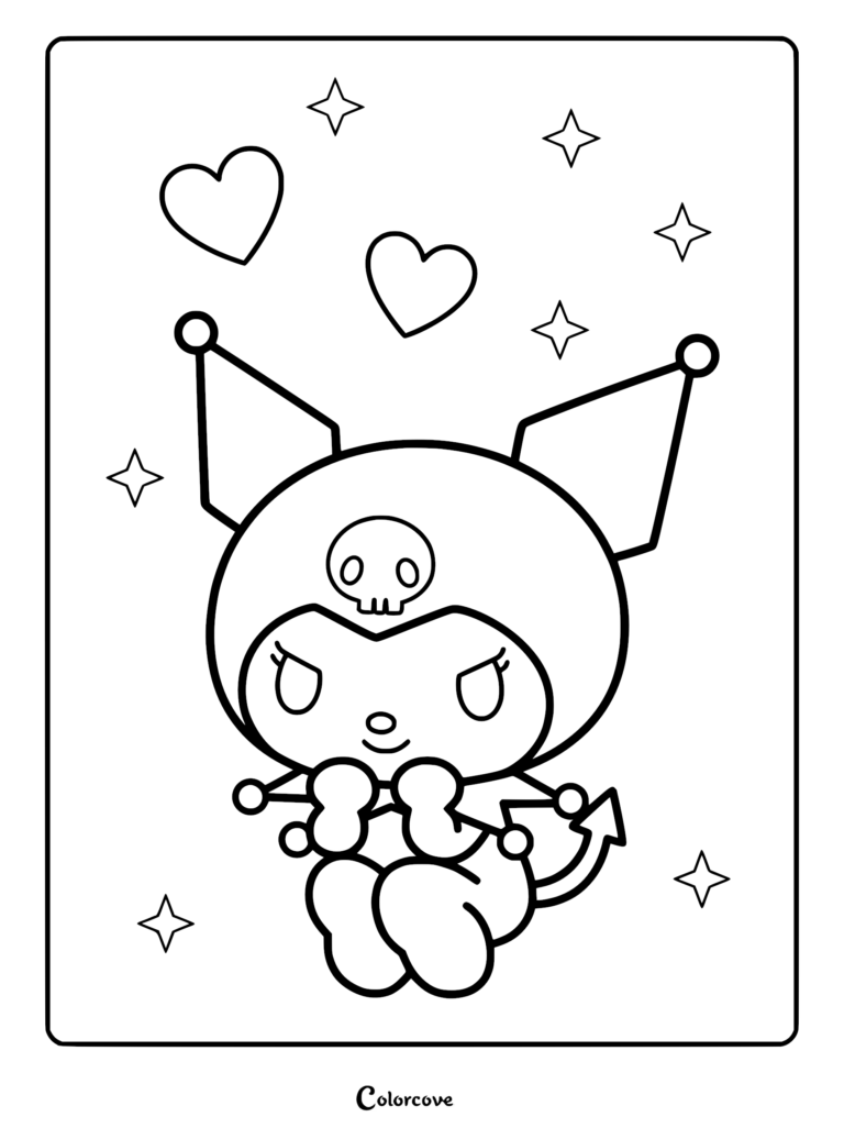 Kuromi wearing her signature jester hood with a skull emblem, surrounded by floating hearts and sparkling stars in this line art coloring page.