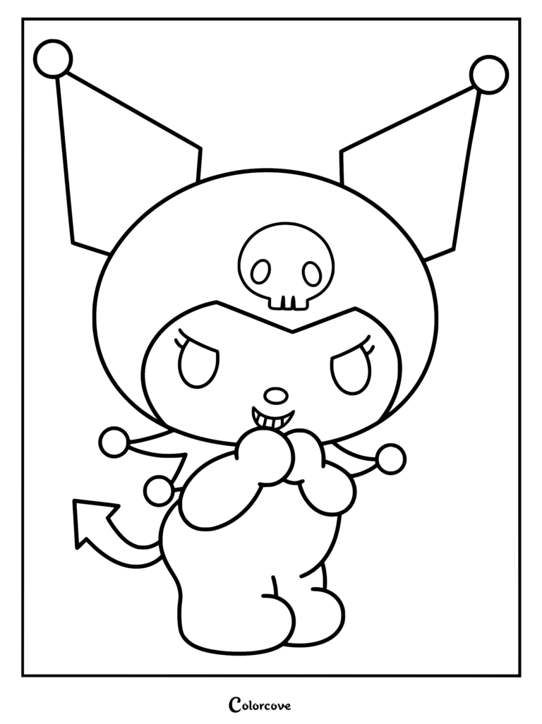 Kuromi wearing her jester hat with a skull symbol, holding her hands near her face, featured on a printable coloring page.