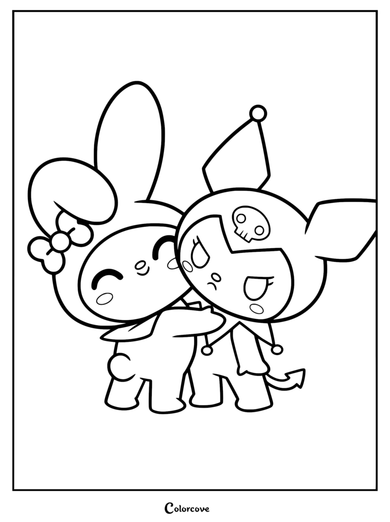 A cute coloring page of Kuromi wearing her black jester hood with a skull and My Melody hugging her.
