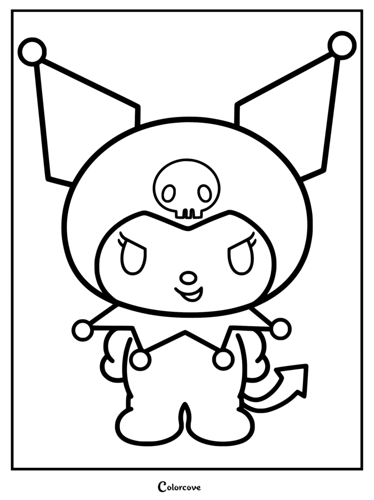 A simple black and white coloring page featuring Kuromi wearing her signature jester hood with a skull emblem and a pointed devil tail.