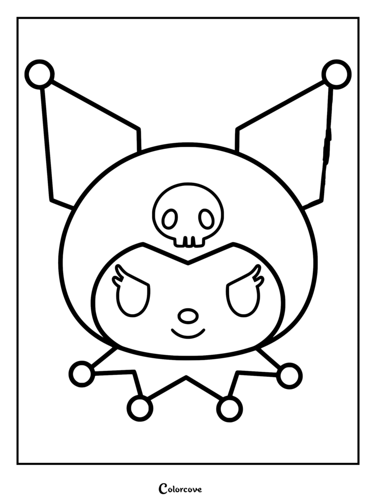 Kuromi head with jester hat and skull emblem coloring page featuring bold black outlines.