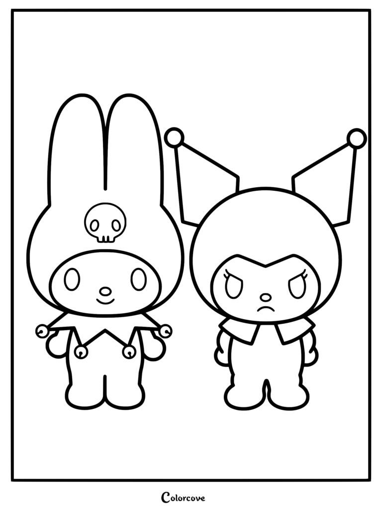 My Melody and Kuromi standing side by side.