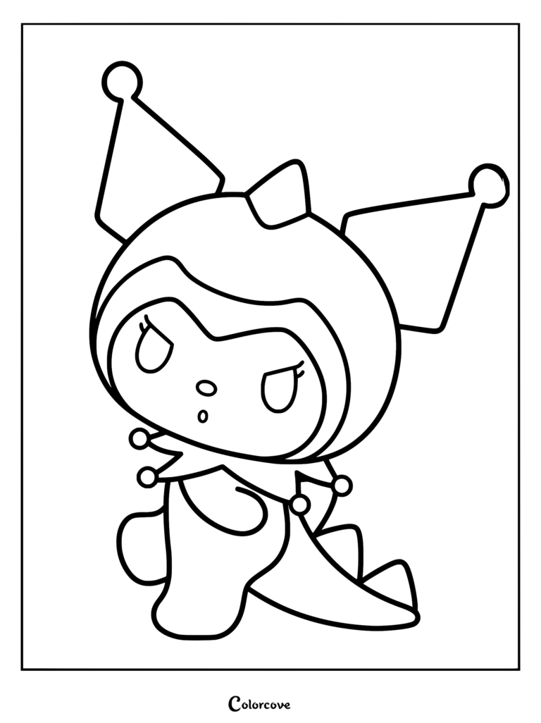 Kuromi wearing a cute dragon onesie with spikes and tail in this printable coloring page