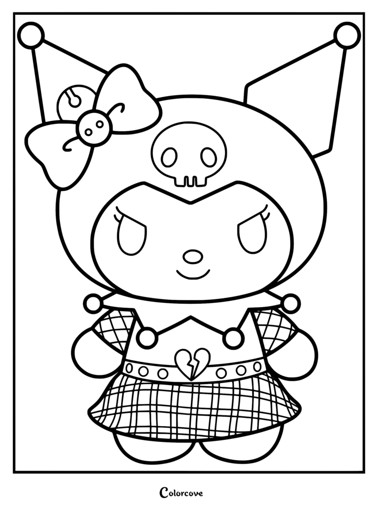 A cute Kuromi coloring page featuring the character wearing a plaid skirt, a belt with a broken heart emblem, and a large bow with a bell.