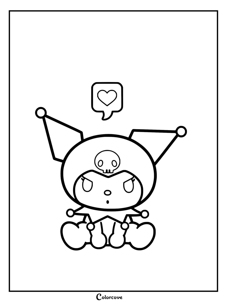 A cute sitting Kuromi coloring page featuring her iconic jester hat with a skull emblem and a floating heart symbol above her head.