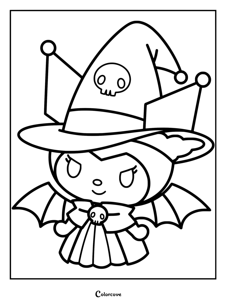 Kuromi wearing a large jester-style witch hat decorated with a skull, featuring bat-like wings and a small collar with a skull icon, presented as a clear black and white coloring page.