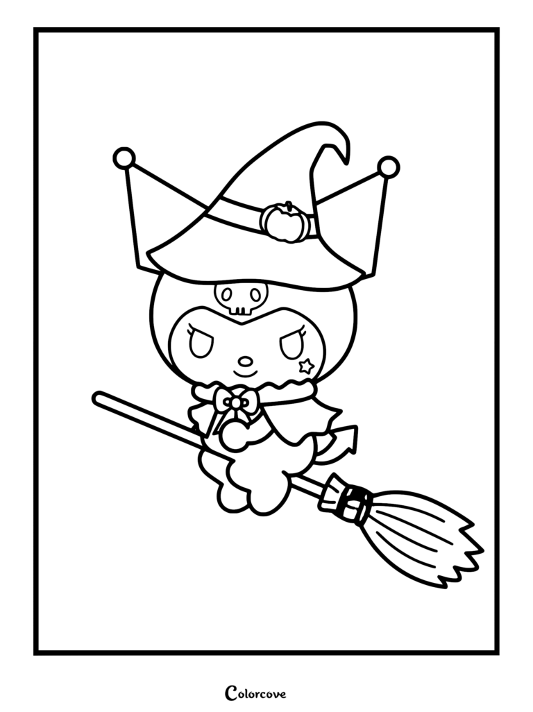 A printable coloring page featuring Kuromi wearing a large pointed witch hat and a cape while flying on a wooden broomstick.