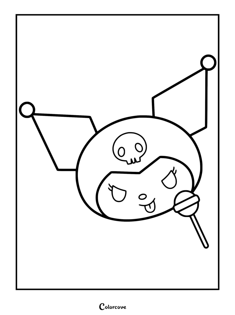 A printable coloring page featuring the Sanrio character Kuromi holding a lollipop, sticking her tongue out, and wearing her signature skull-adorned jester hood.