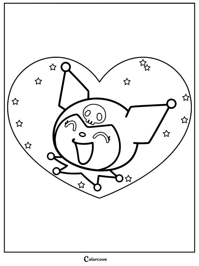 Kuromi character with a jester hat and skull icon inside a large heart shape surrounded by small stars, perfect as a free coloring page.