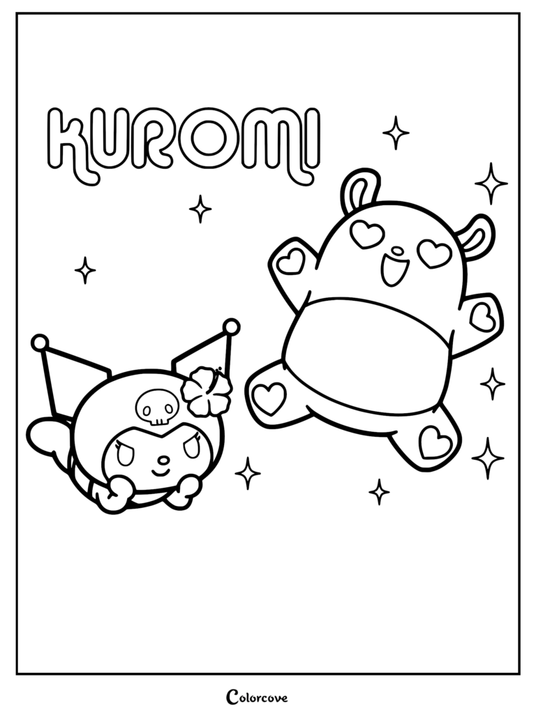Kuromi resting her chin on her hands alongside a happy teddy bear floating among sparkles in this printable coloring page.