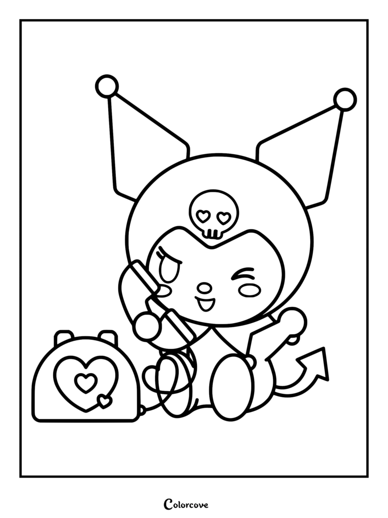 A cute Kuromi coloring page featuring the character with her iconic jester hat and skull emblem, happily talking on a vintage heart-shaped telephone.