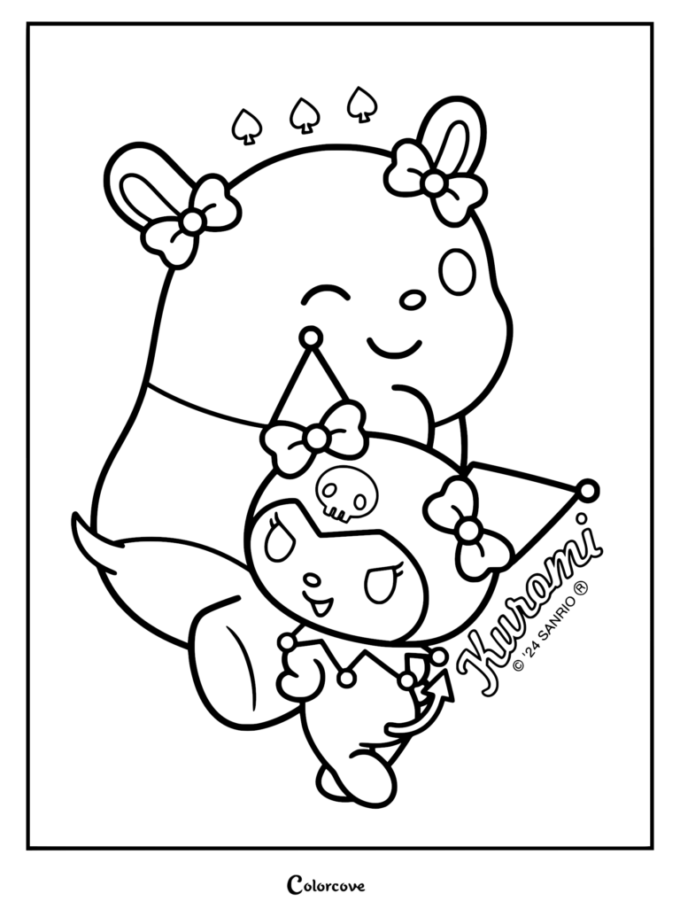 A printable coloring page featuring Kuromi wearing her signature jester hat hugging her friend Baku, who has three spade symbols floating above his head.