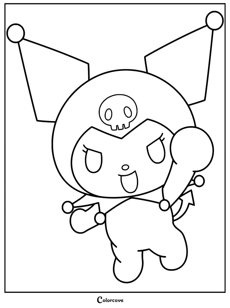 A printable coloring page of Kuromi wearing her signature jester hat with a skull emblem, waving her hand excitedly.