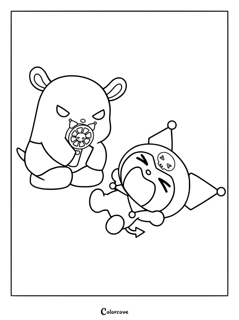 Kuromi lying on her back laughing while Baku uses a small hand fan in this printable coloring page.