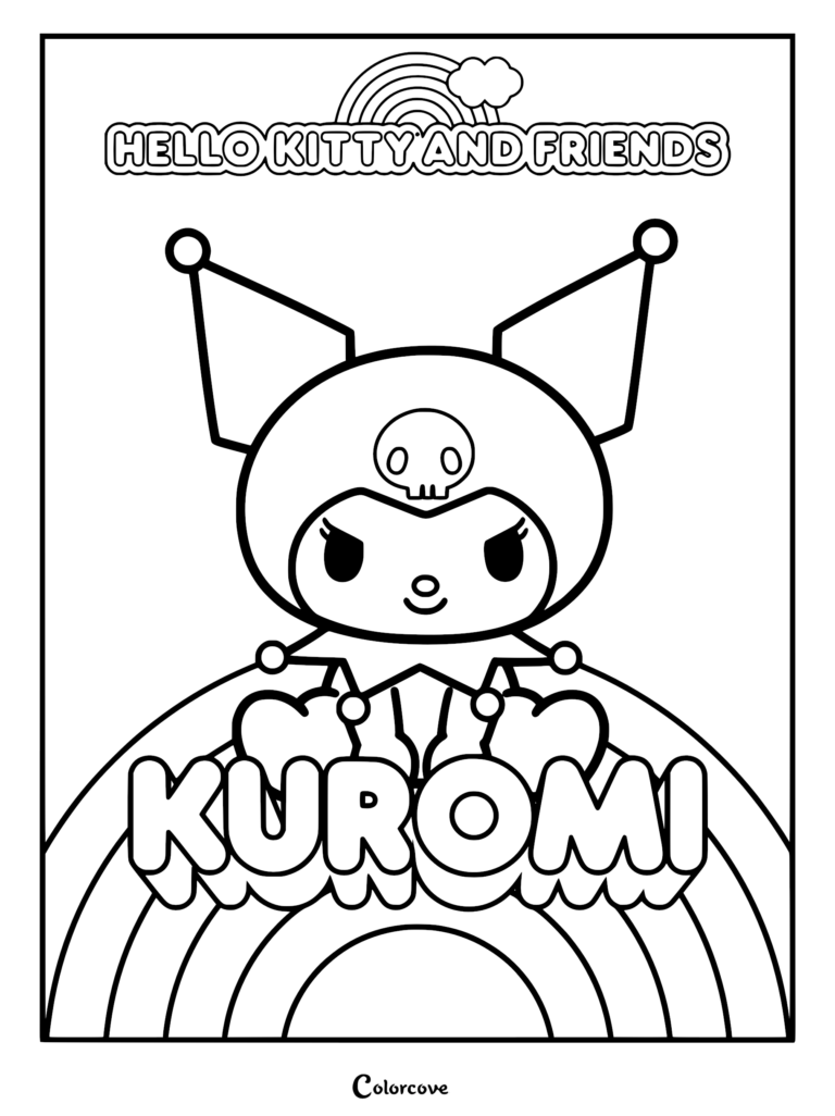 Kuromi wearing her black jester hat with a skull emblem, centered above a large rainbow and the name Kuromi in bold block letters on a printable coloring page.