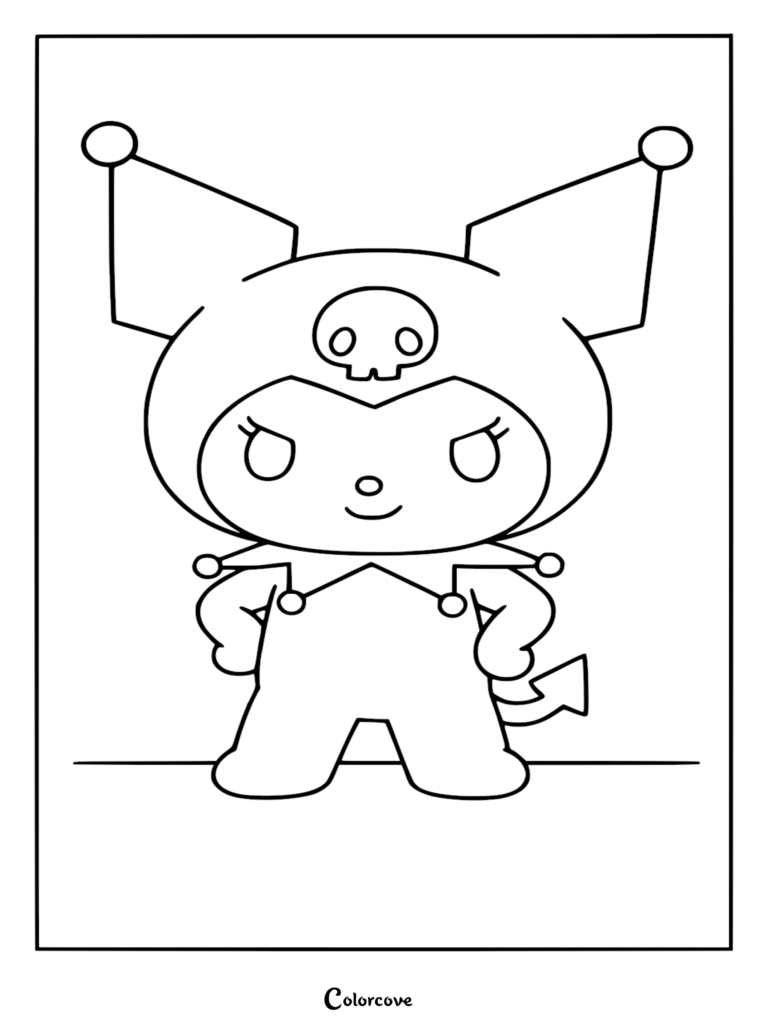 A simple black and white line art coloring page of Sanrio's Kuromi standing with hands on hips, featuring her signature jester hat with a skull emblem.