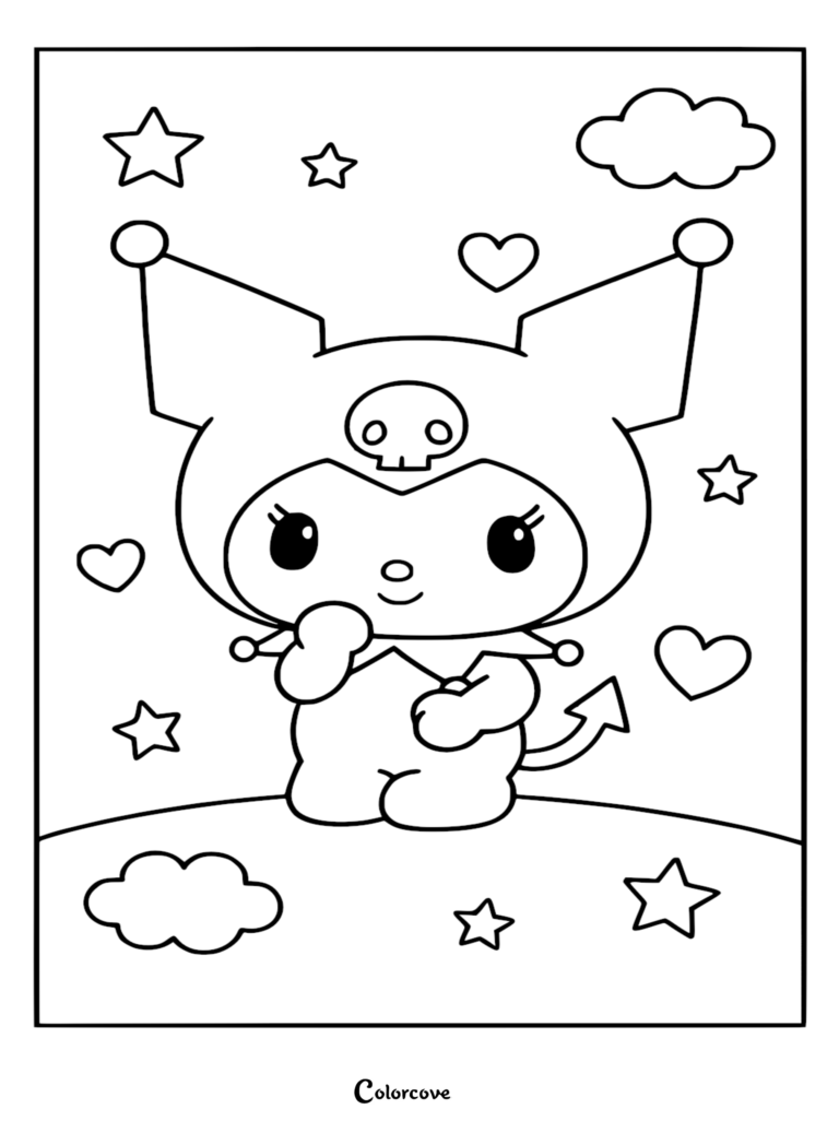 A printable Kuromi coloring page featuring the character with her signature jester hat and skull icon, surrounded by hearts, stars, and fluffy clouds.
