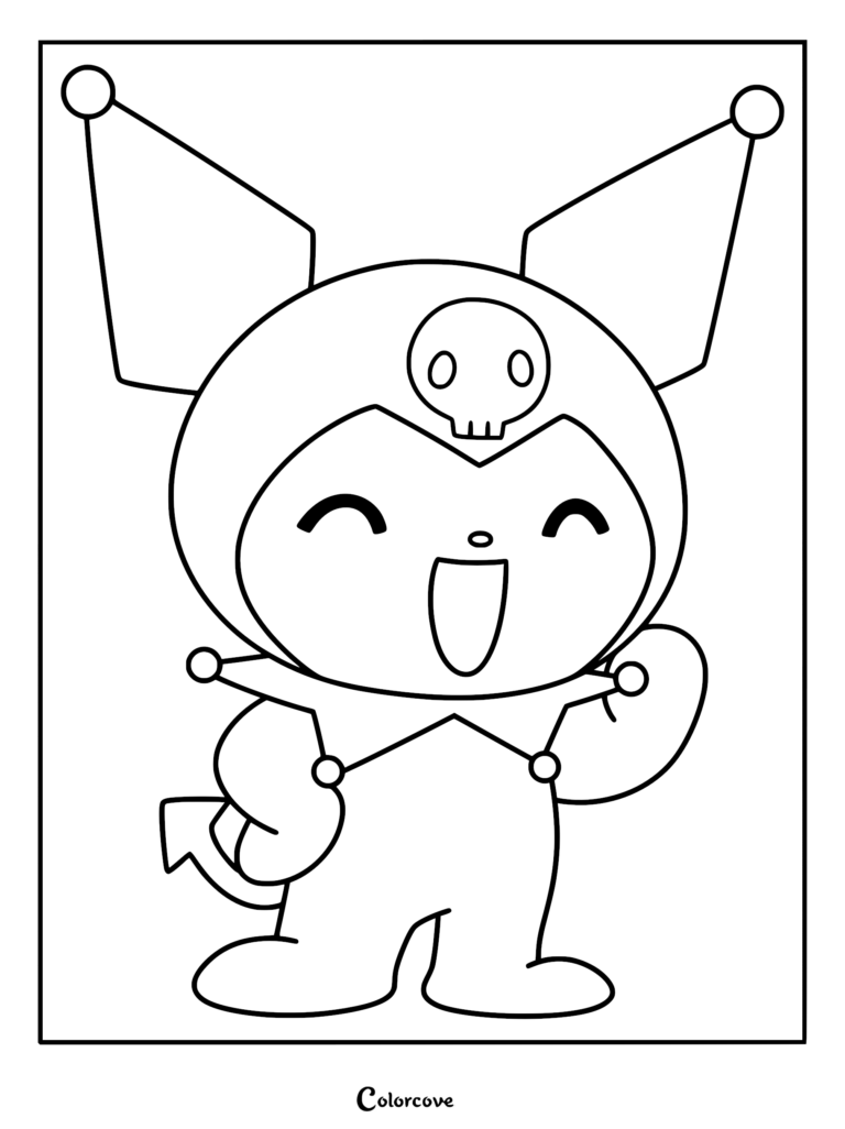 A joyful Kuromi wearing her signature jester hood with a skull icon, featuring a wide smiling expression and devil tail, presented as a clear black-and-white coloring page.