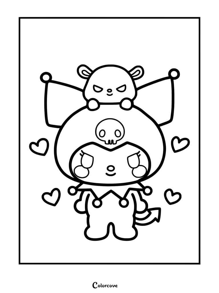 Kuromi wearing her signature jester hat with a skull emblem and Baku perched on her head surrounded by heart shapes in this printable coloring page.