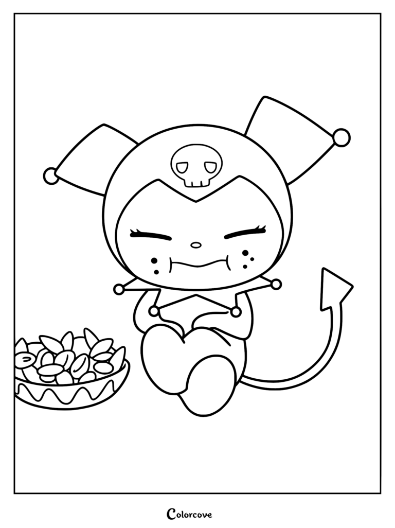 Kuromi wearing her signature jester hood with a skull emblem, happily eating snacks from a small bowl, depicted in a clean line art coloring page style.