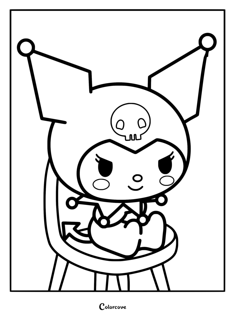 Kuromi wearing her black jester hood with a pink skull, sitting on a chair, isolated as a line art coloring page.