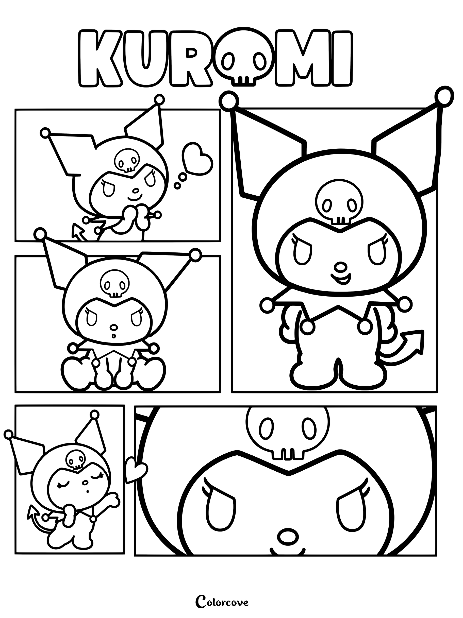 Coloriage façon bande dessinée présentant plusieurs cases de Kuromi dans différentes poses et expressions.