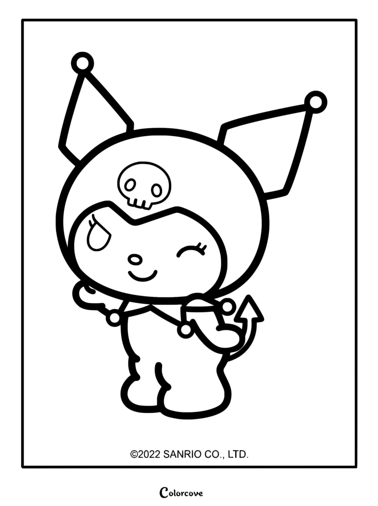 A printable coloring page of Sanrio's Kuromi wearing her black jester hat with a skull icon, winking, and posing with her devil tail.
