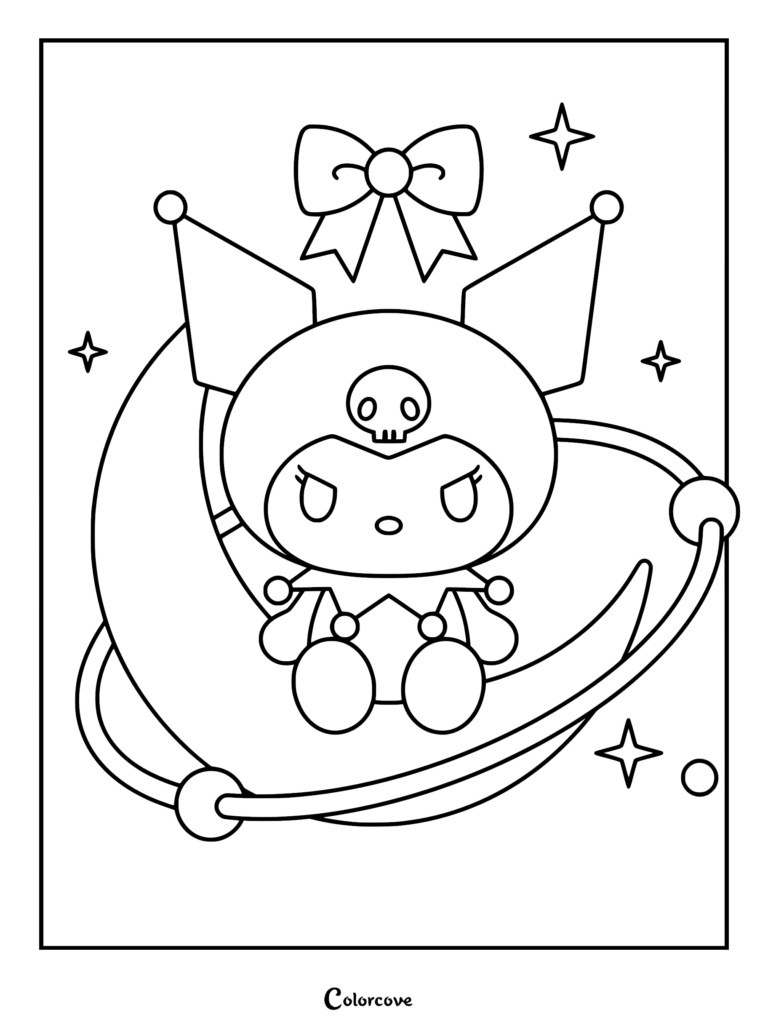 Kuromi sitting on a crescent moon with a bow and stars, printable coloring page.