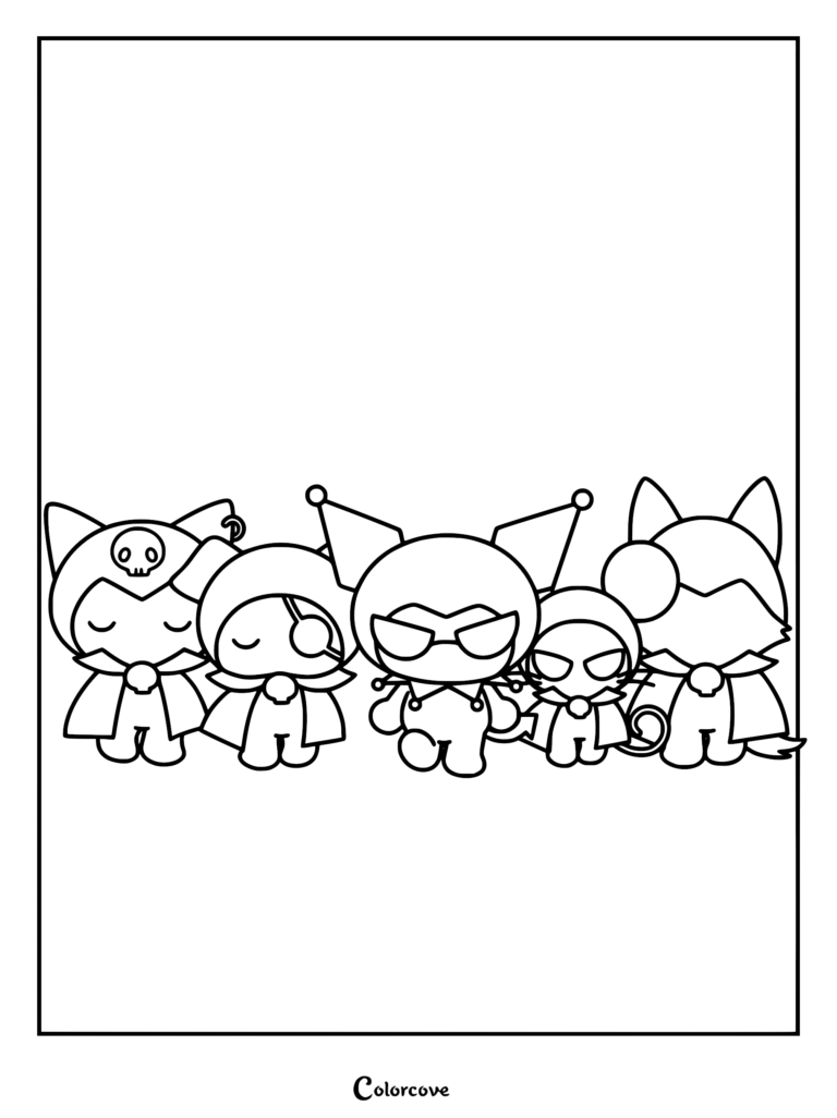 Kuromi and her friends wearing capes and hats in a cute group lineup coloring page