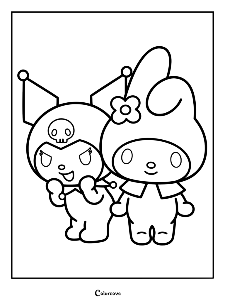 Kuromi with her jester hat and skull icon standing next to My Melody wearing a flower hood in a clean line art coloring page.