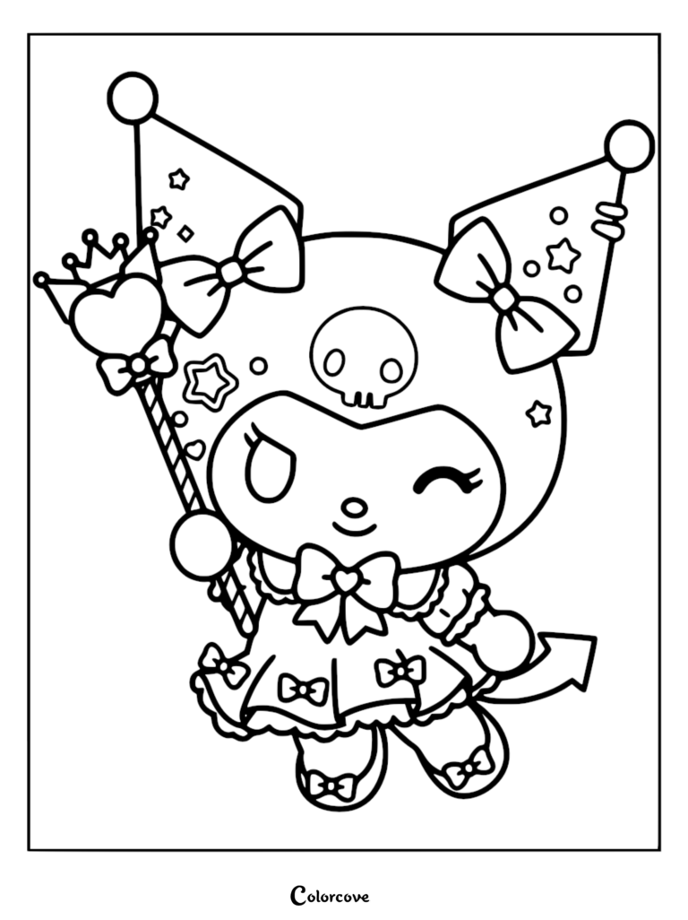 A whimsical Kuromi coloring page featuring the character wearing a royal dress and holding a star-topped wand, adorned with jester hat bells and tiny bows.