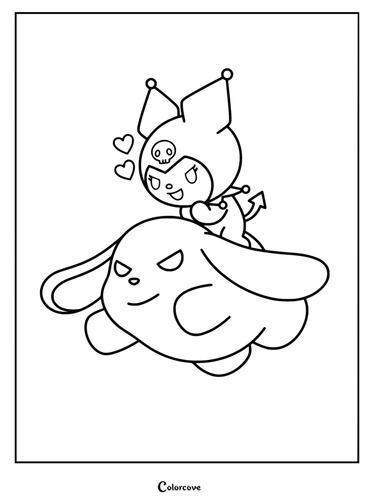 Kuromi sitting on top of her sidekick Baku with small hearts floating nearby in this black and white printable coloring page.