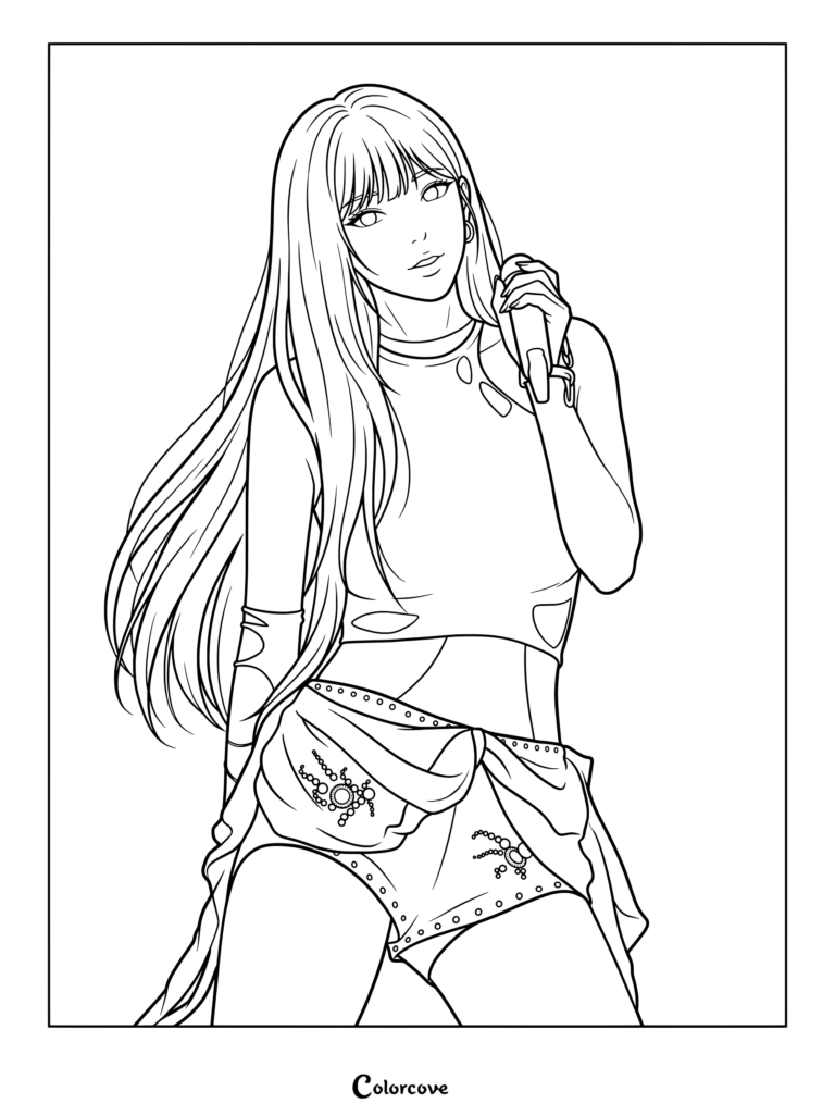 LE SSERAFIM Huh Yun-jin coloring page showing her singing into a microphone with long hair and stylish stage outfit.