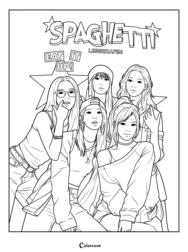 Printable coloring page of an illustrated fan art poster featuring members of the K-pop group LE SSERAFIM styled with Spaghetti and Eat It Up! text.