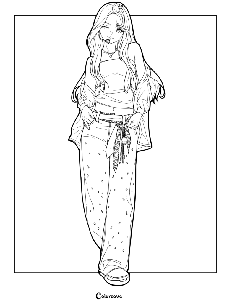 Detailed coloring page of Huh Yunjin from LE SSERAFIM in a casual outfit for their 2025 Japan Tour promotional art.