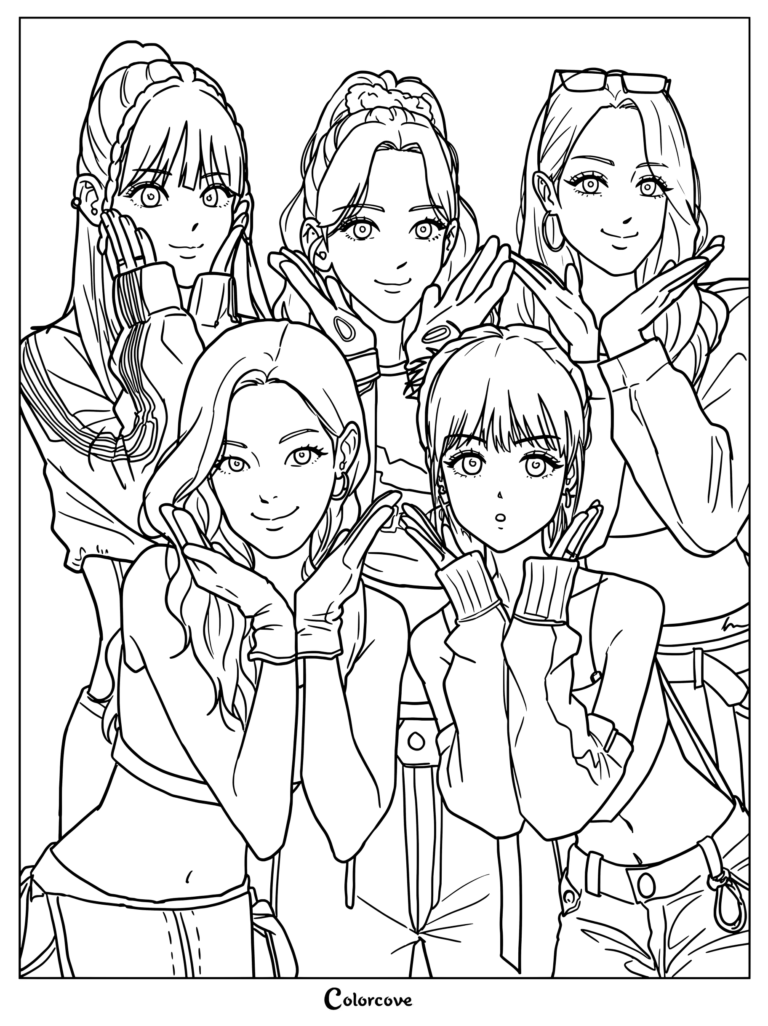 Printable coloring page featuring fan art of the K-pop girl group LE SSERAFIM in an anime-inspired art style.