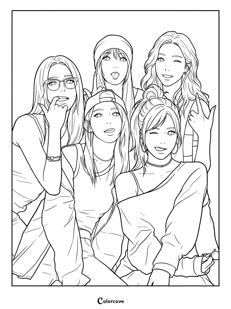 LE SSERAFIM fan art coloring page featuring the members posing together in a group selfie.