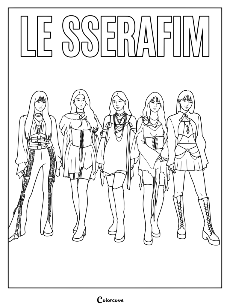 LE SSERAFIM coloring page featuring members Kim Chaewon, Sakura, Huh Yunjin, Kazuha, and Hong Eunchae posing together.