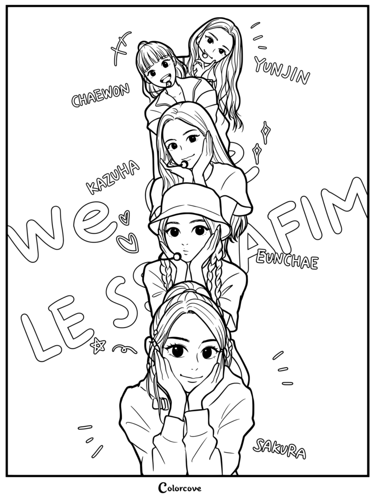 A cute coloring page of the K-pop group LE SSERAFIM stacked vertically, featuring members Chaewon, Yunjin, Kazuha, Eunchae, and Sakura.