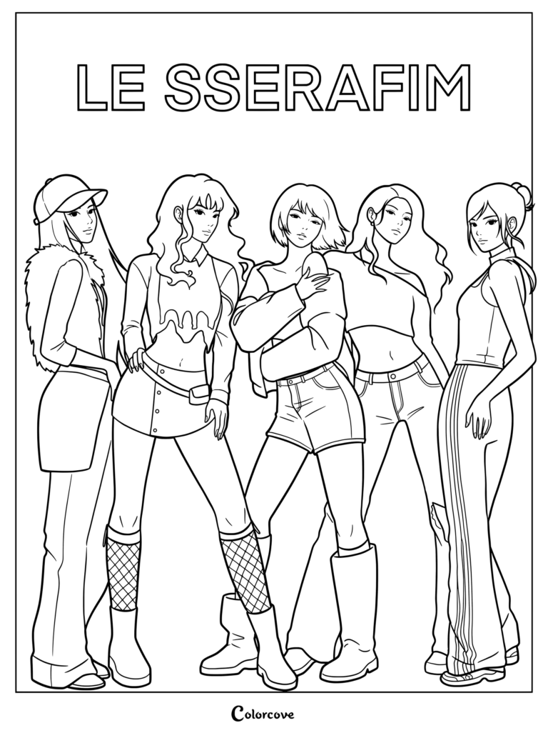 LE SSERAFIM fan-made digital illustration coloring page featuring animated stylized versions of the five members.