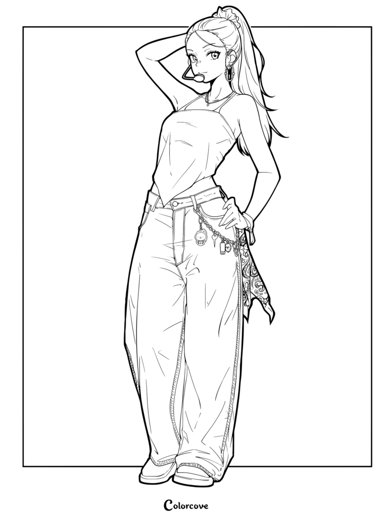 Kazuha coloring page featuring LE SSERAFIM in a stylish outfit for their Japan tour.