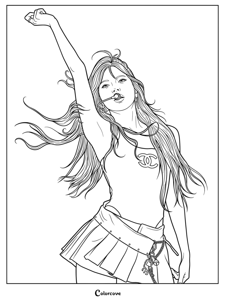 Coloring page of Hong Eunchae of LE SSERAFIM performing during their Easy Crazy Hot tour stop in Incheon on April 19, 2025.