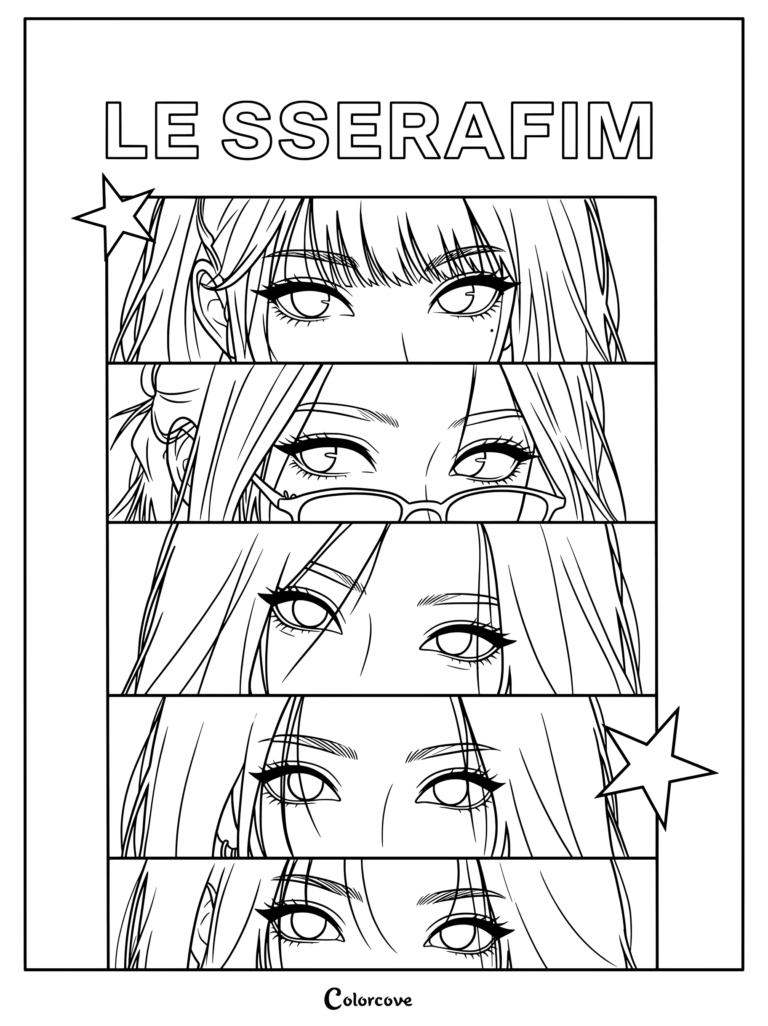 Printable coloring page featuring K-pop group LE SSERAFIM members Chaewon, Yunjin, Kazuha, Sakura, and Eunchae with stacked close-ups of illustrated eyes and text on the sides.