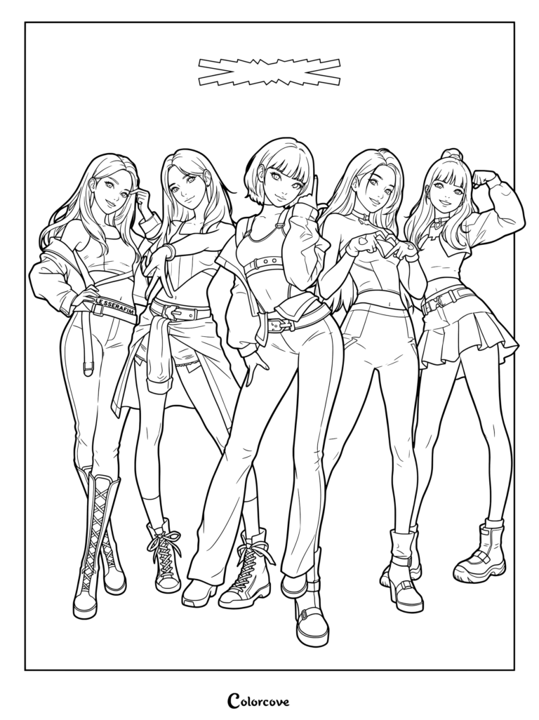 Printable LE SSERAFIM coloring page featuring official promotional artwork of the K-pop group from their 2023 collaboration with Overwatch 2 for the single Perfect Night.