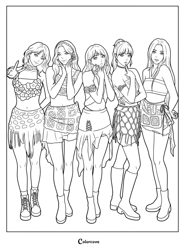 LE SSERAFIM coloring page featuring Sakura, Chaewon, Yunjin, Kazuha, and Eunchae in crochet and knit summer festival outfits.