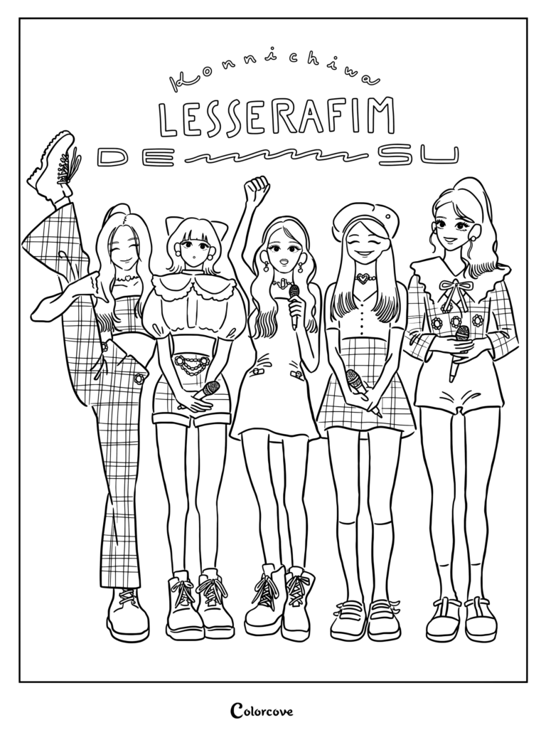 A cute digital fan art illustration of the K-pop group LE SSERAFIM featuring the five members coloring page.